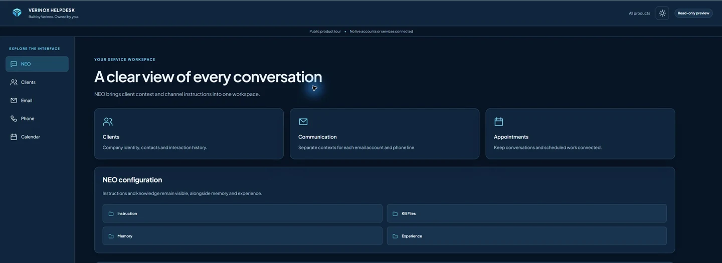 Verinox AI Help Desk public preview interface